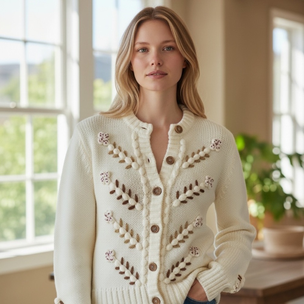 Vintage Hand Knit Cream Cardigan with Embroidered Details
